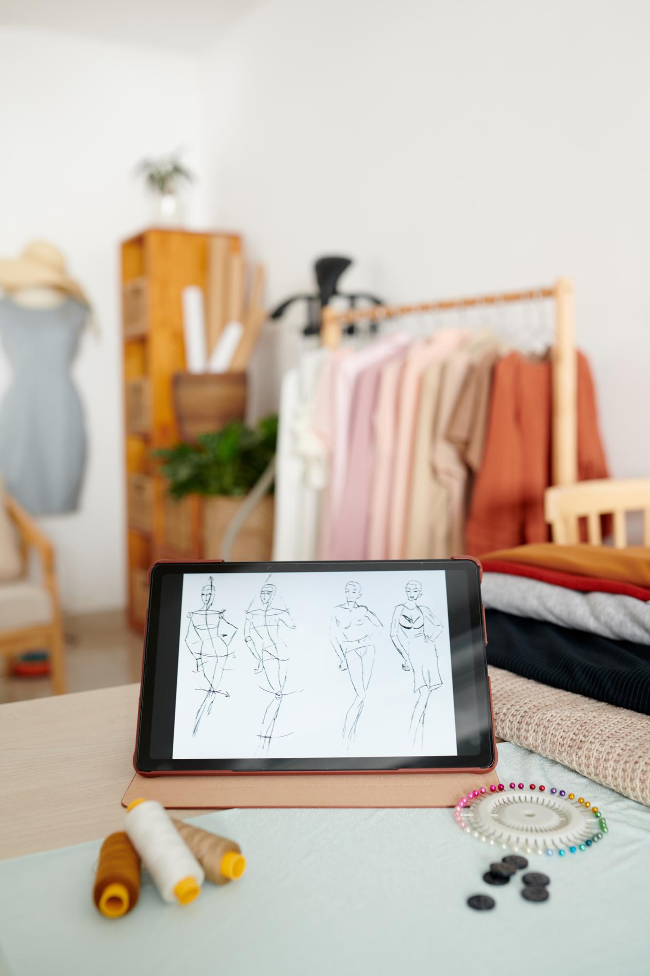 digital embroidery pattern on tablet next to fabric
